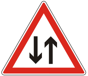 Waarschuwing voor een weg met tweerichtingsverkeer.