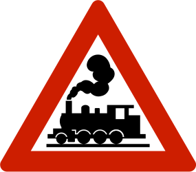 Waarschuwing voor een overweg zonder slagbomen.