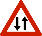 Waarschuwing voor een weg met tweerichtingsverkeer.