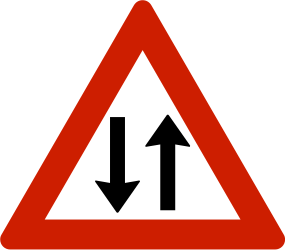 Waarschuwing voor een weg met tweerichtingsverkeer.