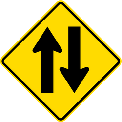 Waarschuwing voor een weg met tweerichtingsverkeer.