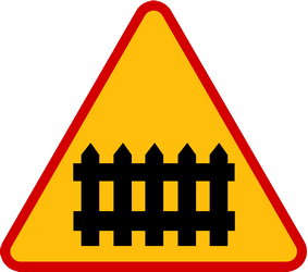 Warning for a railway crossing with barriers.