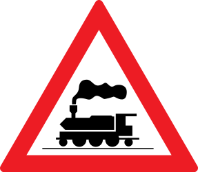 Waarschuwing voor een overweg zonder slagbomen.
