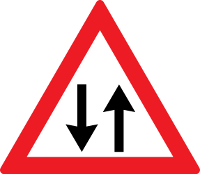 Waarschuwing voor een weg met tweerichtingsverkeer.