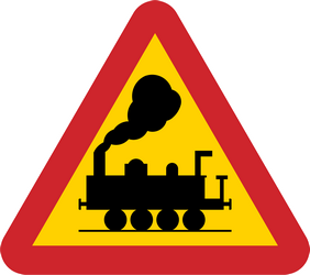 Waarschuwing voor een overweg zonder slagbomen.