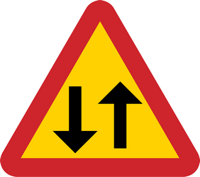 Waarschuwing voor een weg met tweerichtingsverkeer.