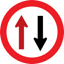 Road narrowing, give way to oncoming drivers.