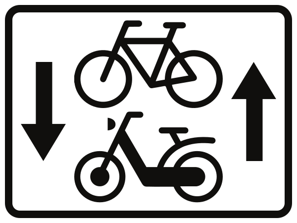 Fietsers en bromfietsen in beide richtingen.