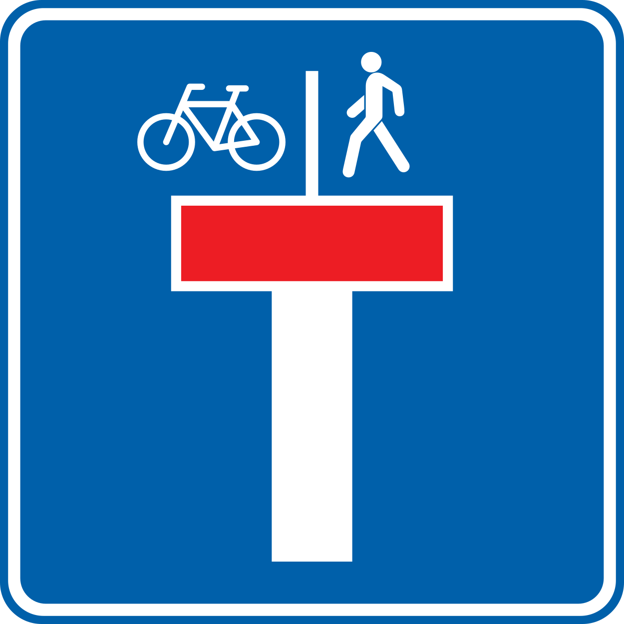 Doodlopende weg met doorgang voor voetgangers en fietsers.